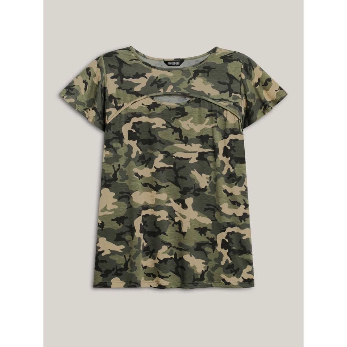Plus Size Camouflage Print Round Neck T-Shirt Sage Women Cut-Out Round Neck Everyday-Casual T-shirts BloomChic 26/4X Product Image