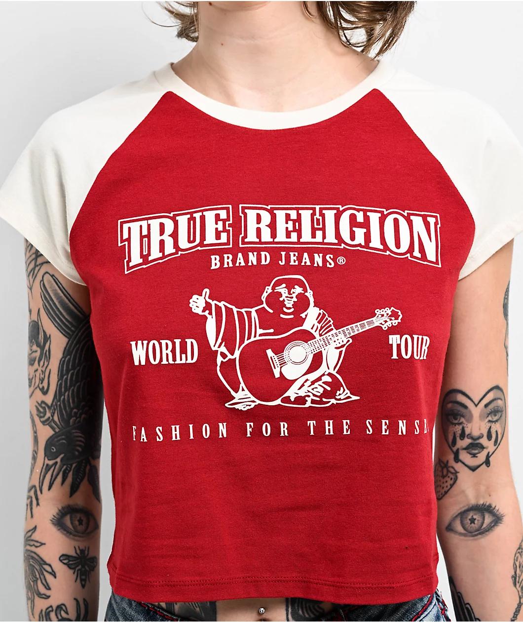 True Religion Buddha Logo Ringer Raglan Red Crop T-Shirt Product Image