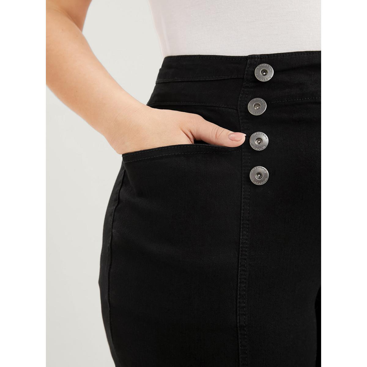 Plus Size Skinny Slightly Stretchy High Rise Black Wash Button Detail Pocket Jeans Women Black Casual Plain Plain Low stretch Pocket Jeans BloomChic 28/5X Product Image