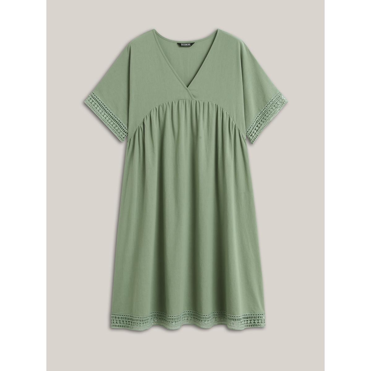Plus Size Pure Cotton Lace Trim Sleeve Midi Dress Sage Women V-neck Short sleeve Curvy BloomChic 14-16/1X Product Image