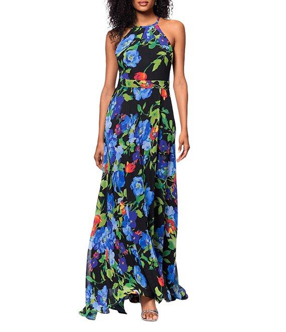 Betsy & Adam Chiffon Floral Print Halter Neck Sleeveless Blouson Gown Product Image