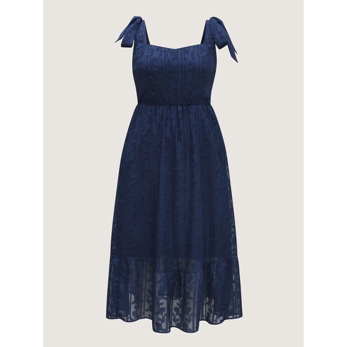 Plus Size Textured Shoulder Tie Cami Midi Dress DarkBlue Women Heart neckline Sleeveless Curvy BloomChic 30/6X Product Image