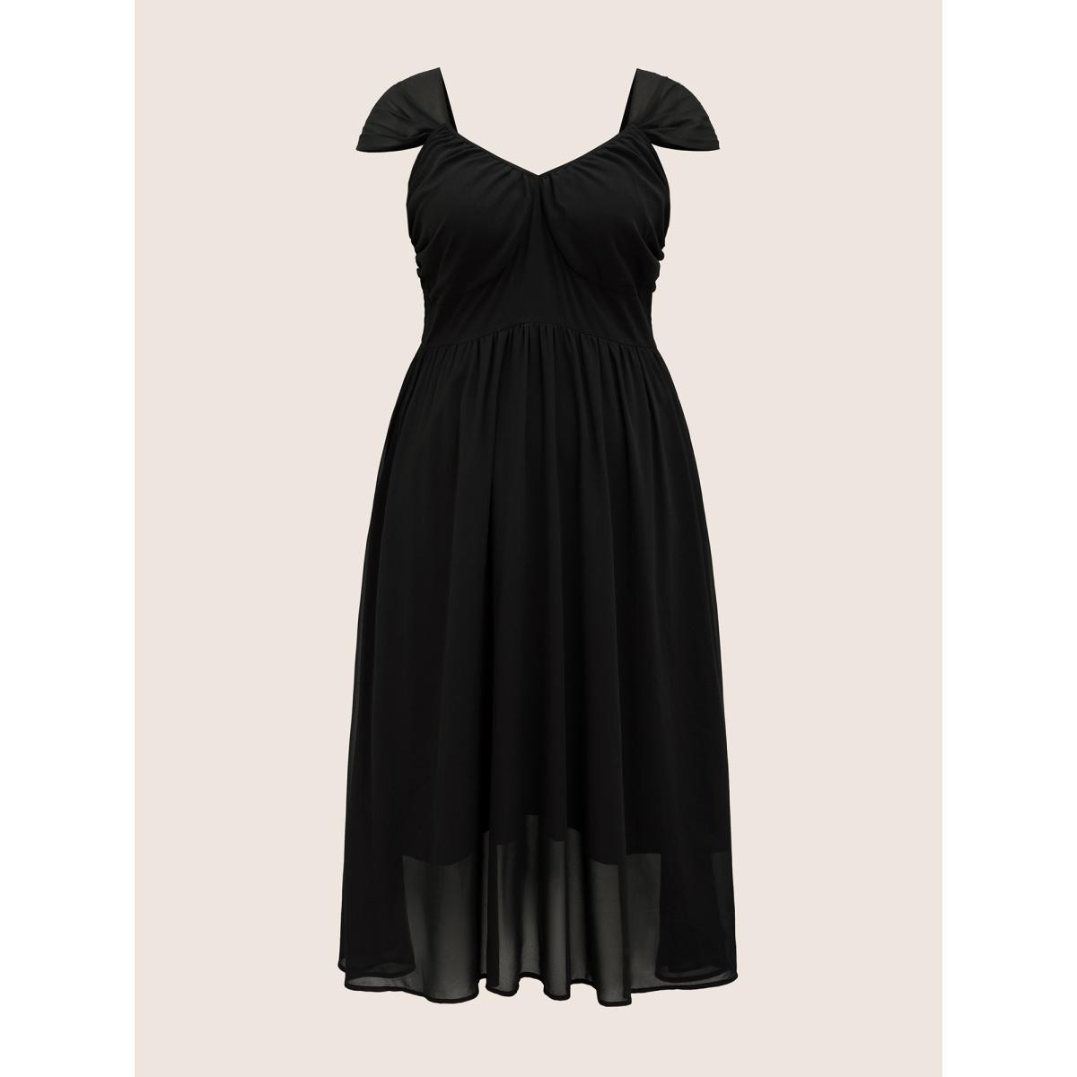 Plus Size Heart Neckline Mesh Cap Sleeve Gathered Dress Black Women Elegant Gathered Heart neckline Cap Sleeve Curvy BloomChic 10/M Product Image