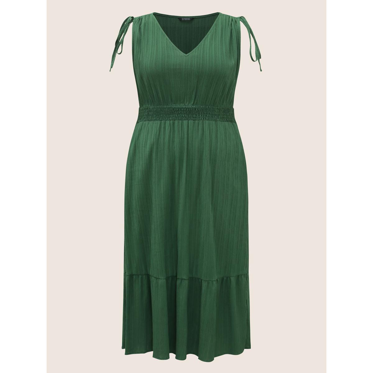 Plus Size Solid Texture Shirred Drawstring sleeve Dress DarkGreen Women Elegant Texture V-neck Cap Sleeve Curvy Midi Dress BloomChic 14-16/1X Product Image