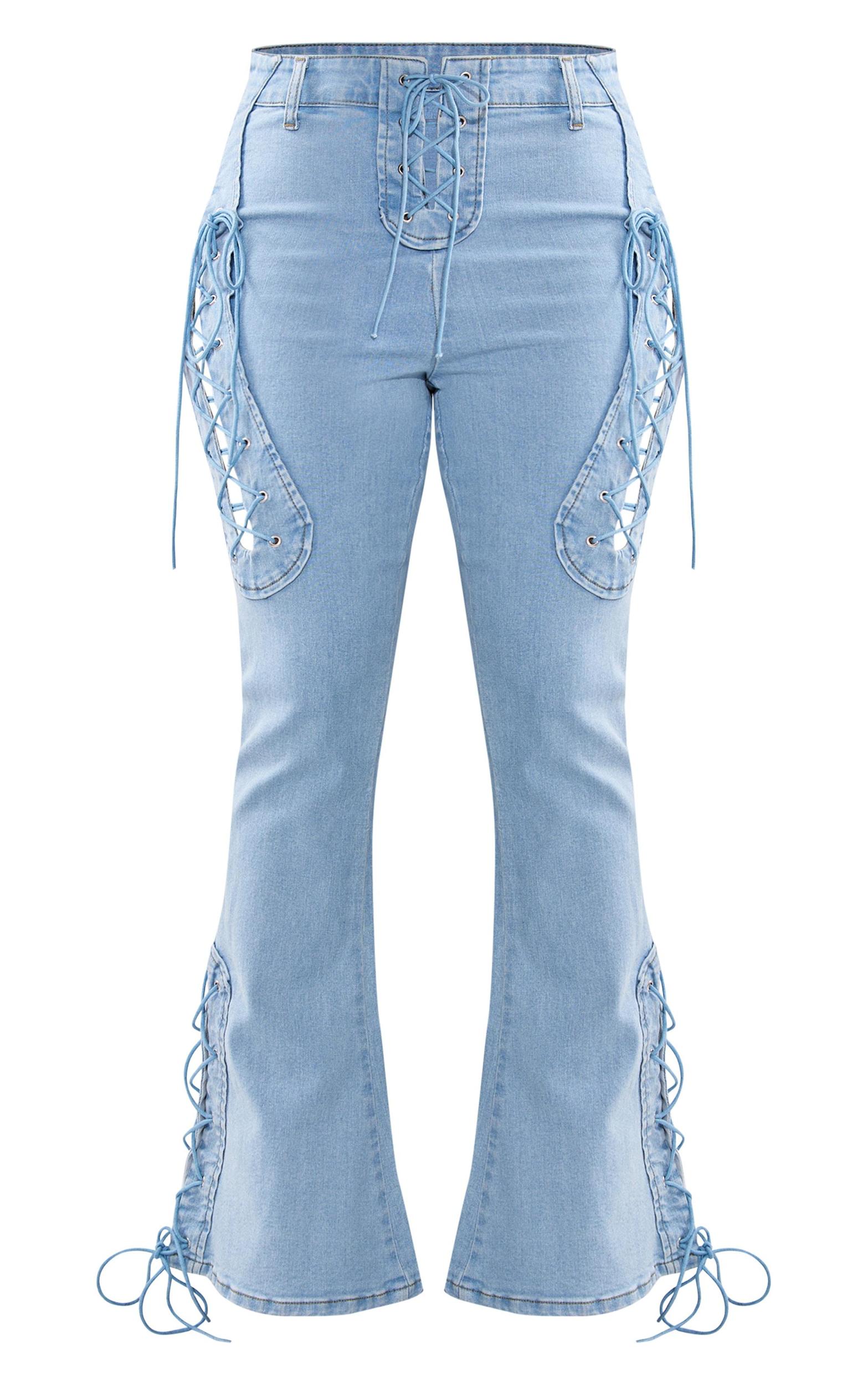 Shape Light Blue Stretch Denim Lace Up Flare Jeans Product Image