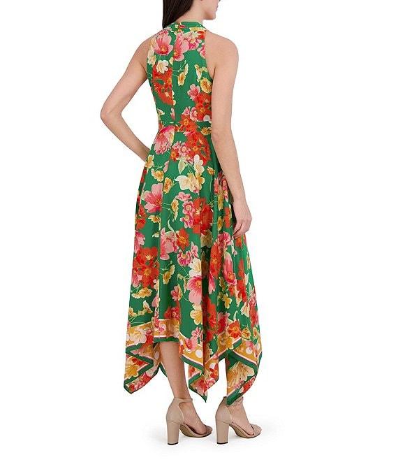 Vince Camuto Floral Print Halter Neckline Sleeveless High-Low Midi A-Line Dress Product Image