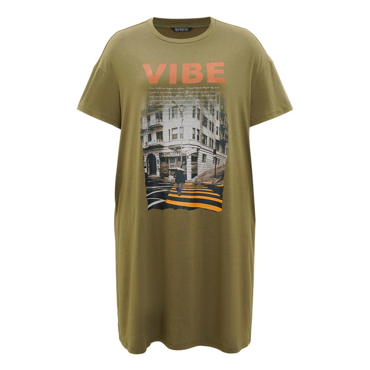 Plus Size Letter & Graphic Print Pocket Crew Neck Dress ArmyGreen Women Casual Plain Curvy Midi Dress BloomChic 12/L Product Image