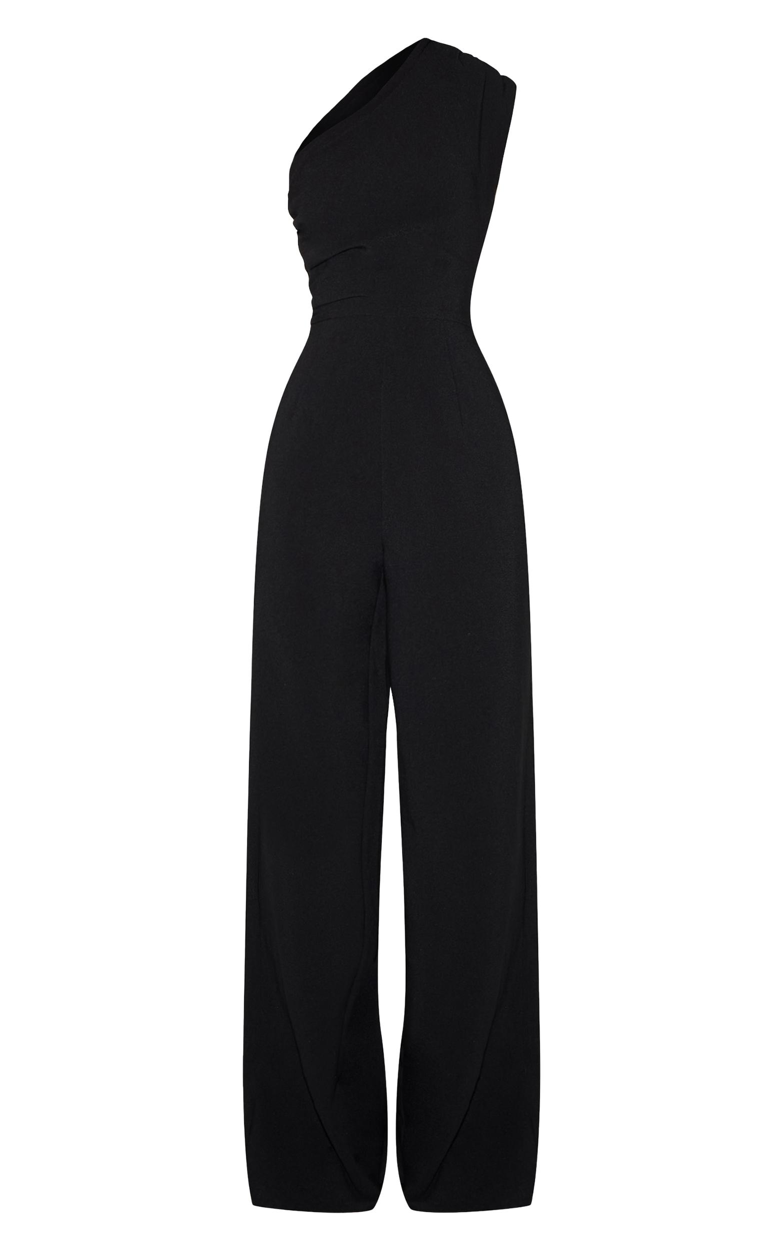 Black Asymmetric Ruched Wide Leg Jumpsuit Product Image