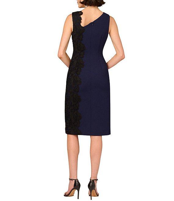Aidan Mattox Crepe Knit Asymmetrical Neck Side Lace Panel Sheath Midi Dress Product Image