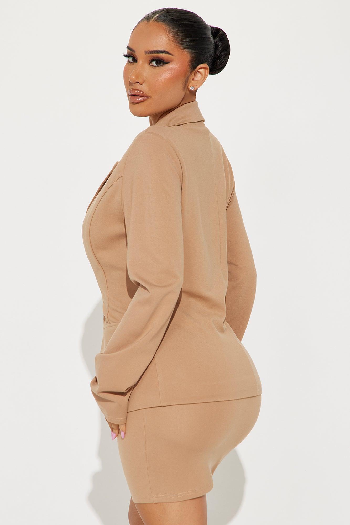 The Mia Double Lined Ponte Blazer Skirt Set - Tan Product Image
