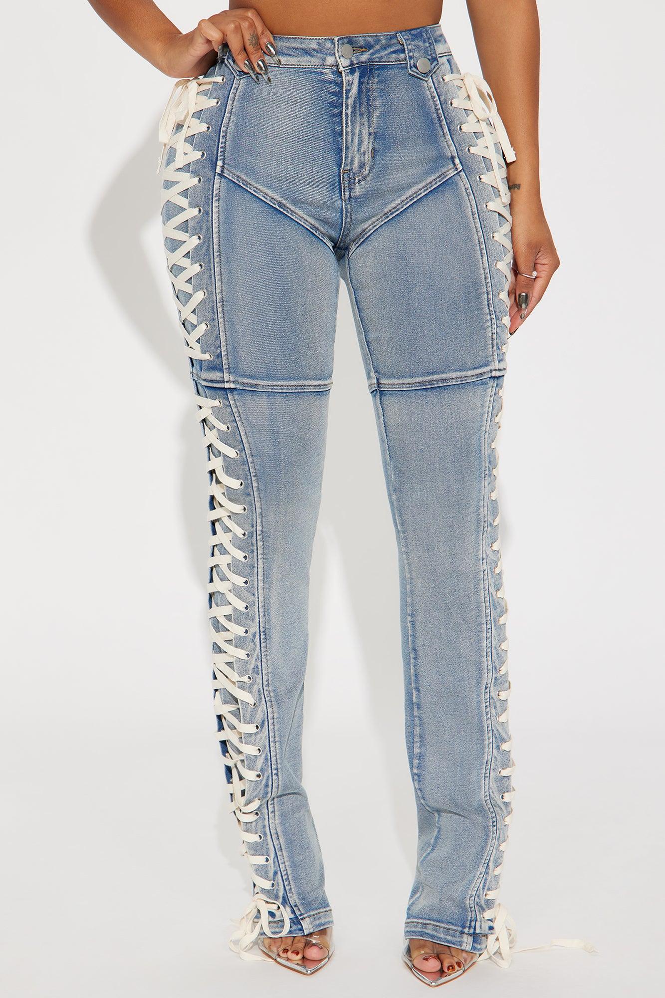 Jaw Dropper Stretch Lace Up Bootcut Jeans - Medium Wash Product Image