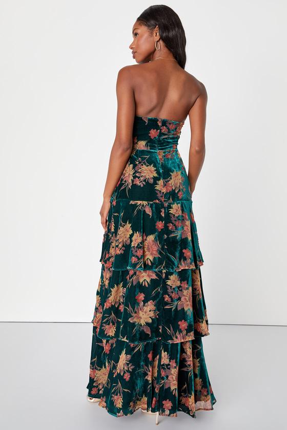 Real Allure Emerald Floral Burnout Velvet Strapless Maxi Dress Product Image