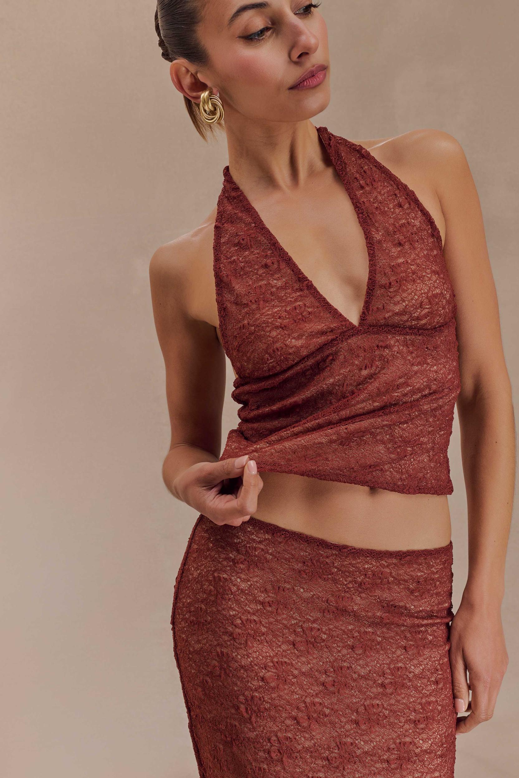 Asher Sheer Lace Halter Top - Chilli Product Image