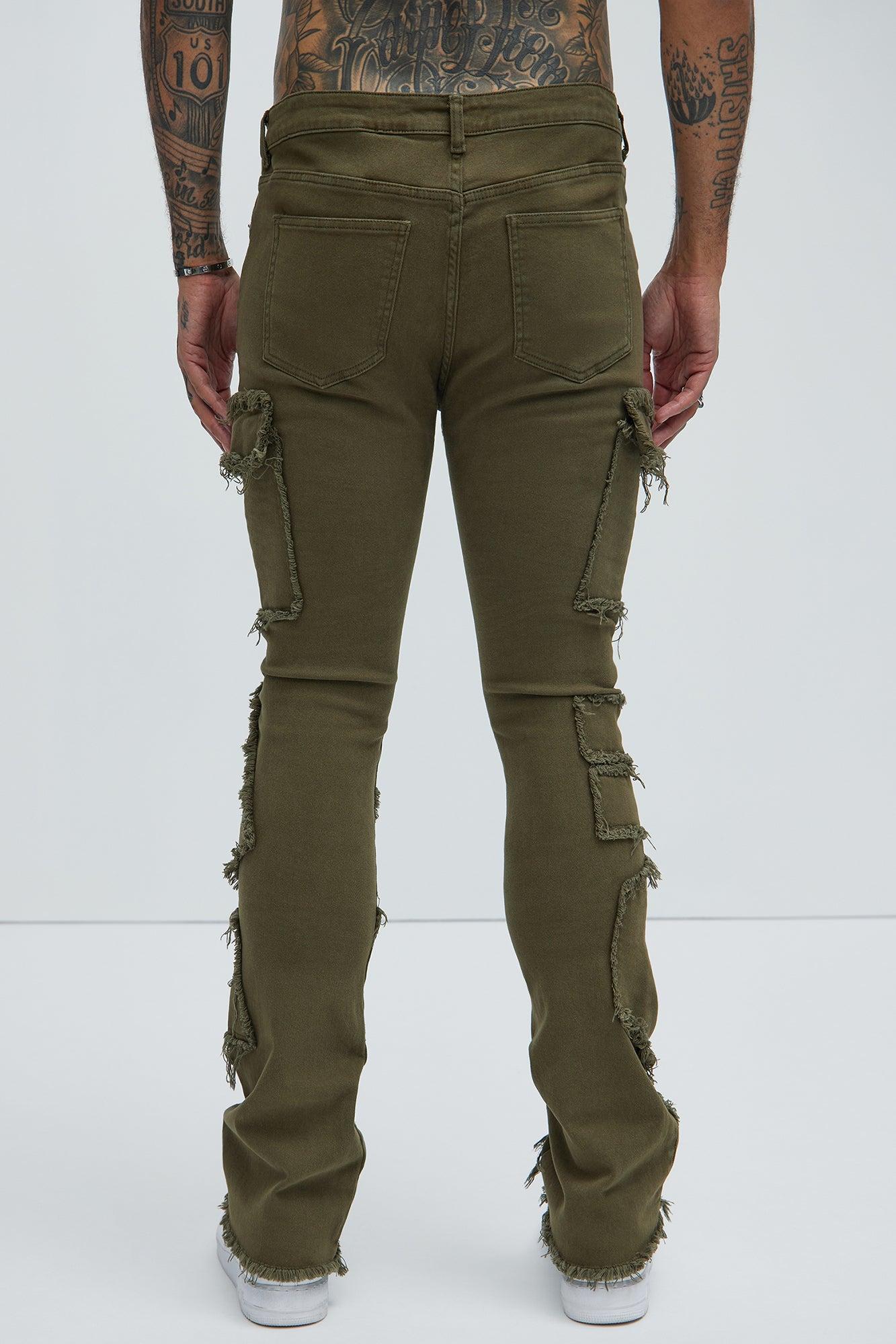 Trapping Frayed Stacked Skinny Flare Pants - Olive Product Image