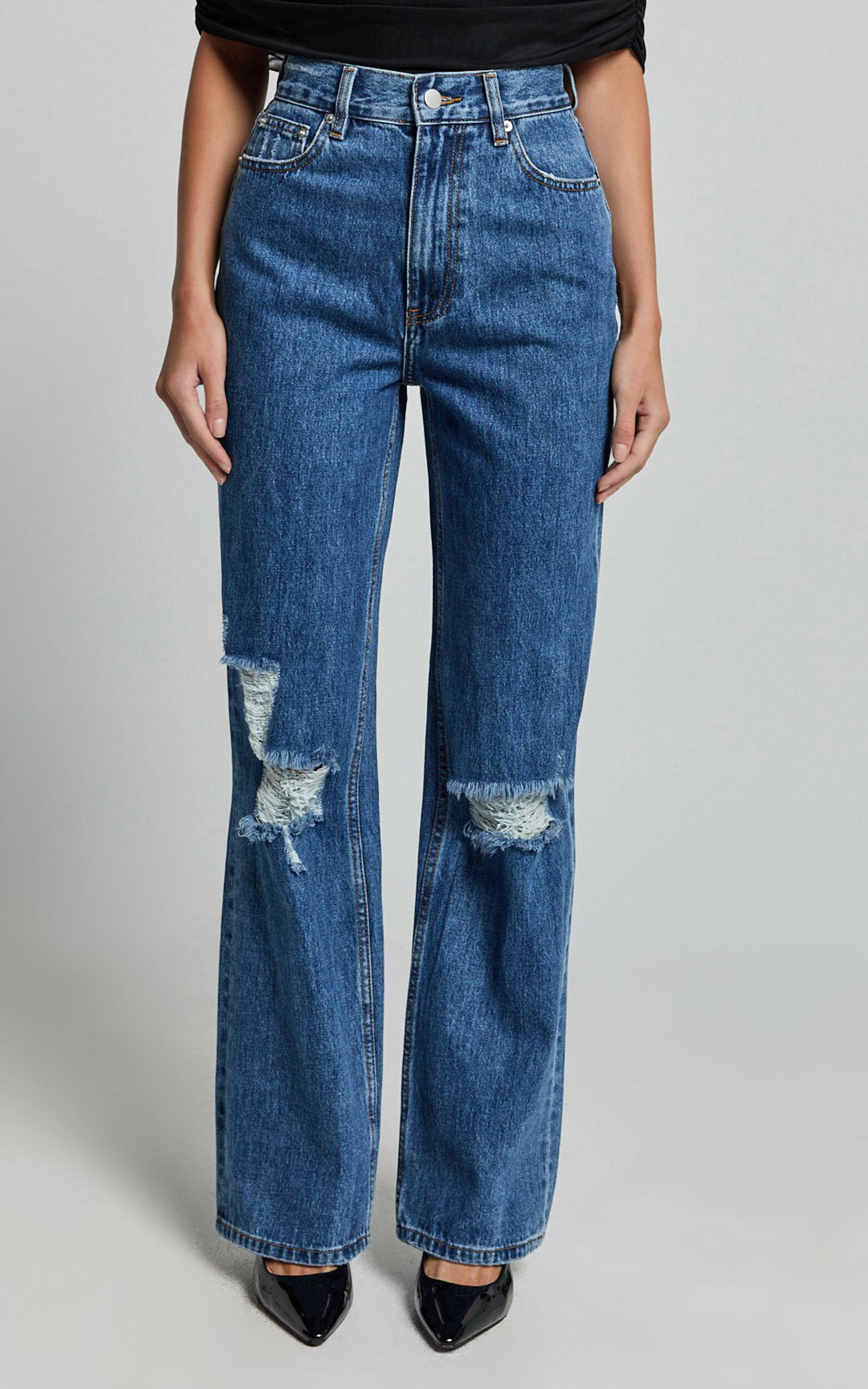 Miho Jeans - High Waisted Recycled Cotton Distressed Straight Leg Denim Jeans in Dark Blue Wash Product Image