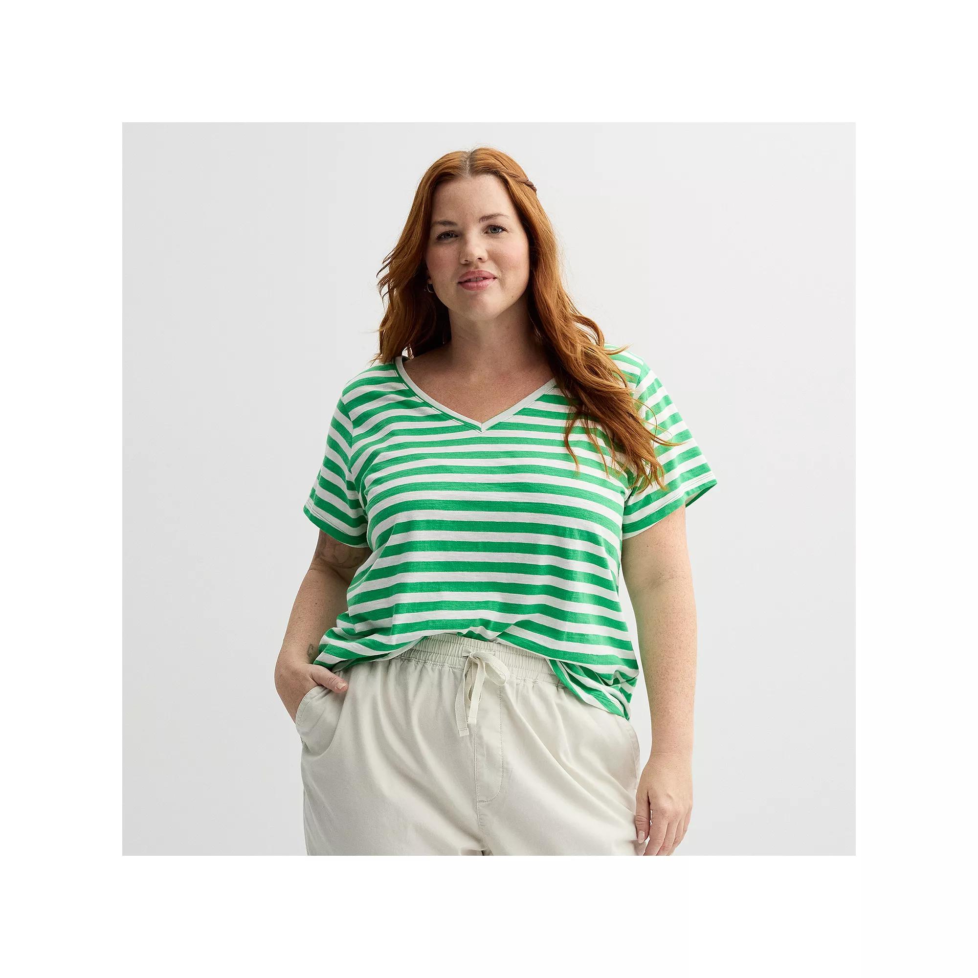 Plus Size Sonoma Goods For Life® Everyday V-Neck T-Shirt, Women's, Size: 5XL, Bright Green Stripe Product Image