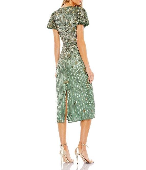 Mac Duggal Sequin Faux Wrap Bodice Short Flutter Sleeve Midi Sheath Dress Product Image