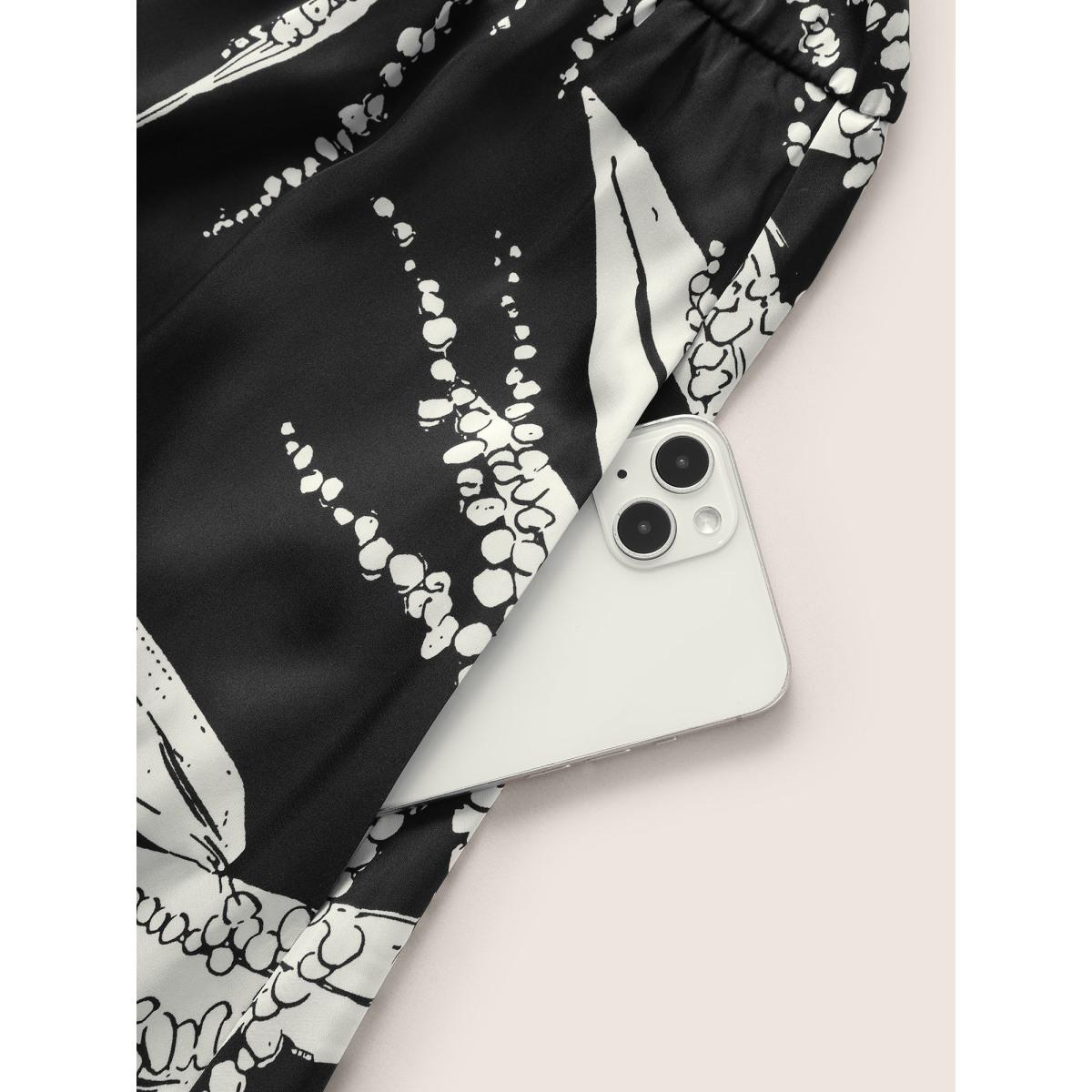 Plus Size Plants Print Notched Belted Pocket Dress Black Women At the Office Non Notched collar Short sleeve Curvy Midi Dress BloomChic 12/L Product Image