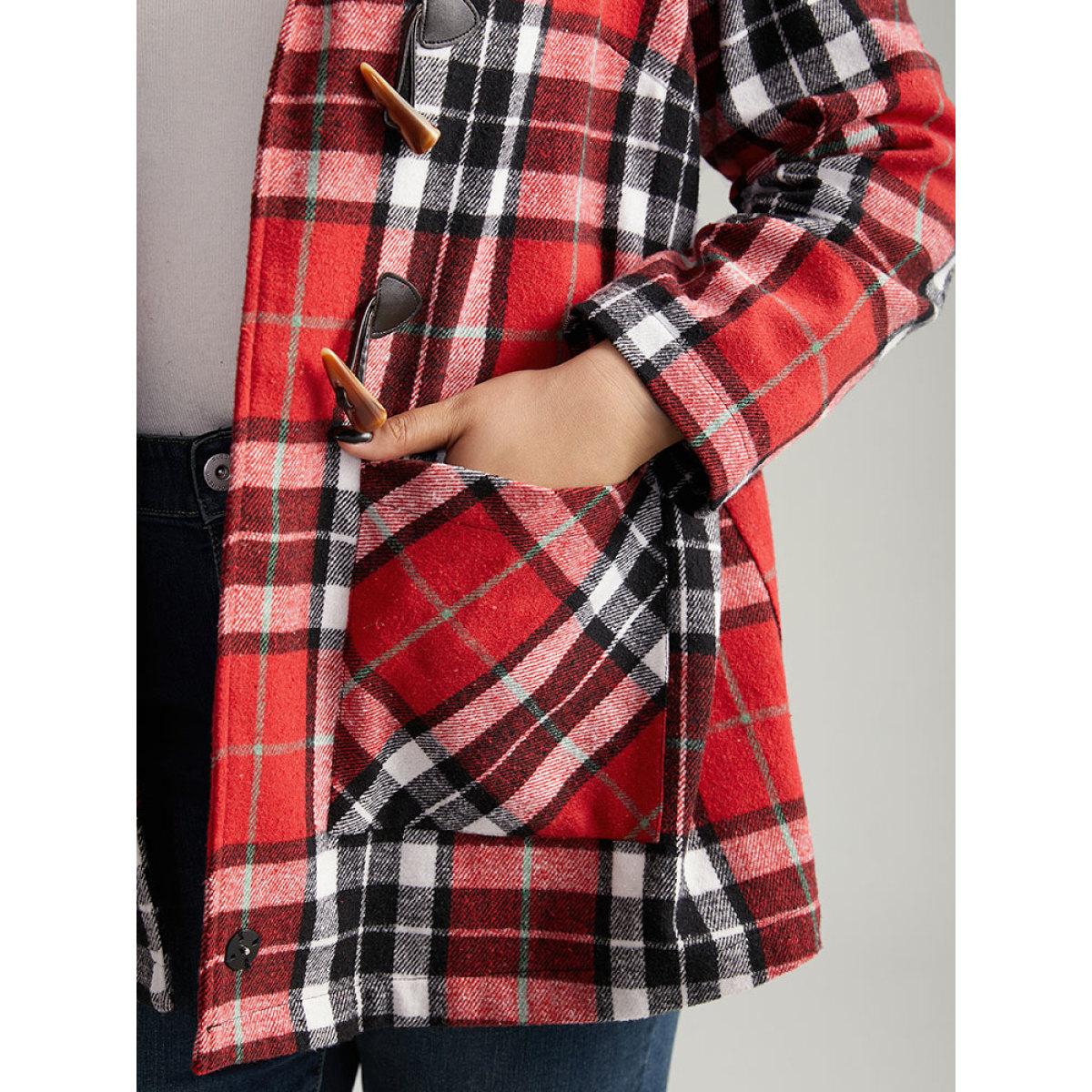 Plus Size Plaid Hooded Pocket Duffle Button Coat Women Crimson Casual Contrast Ladies Dailywear Winter Coats BloomChic 22-24/3X Product Image