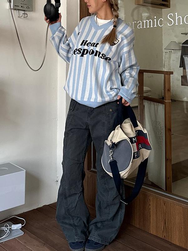 American Retro Striped V-Neck Sweater Product Image