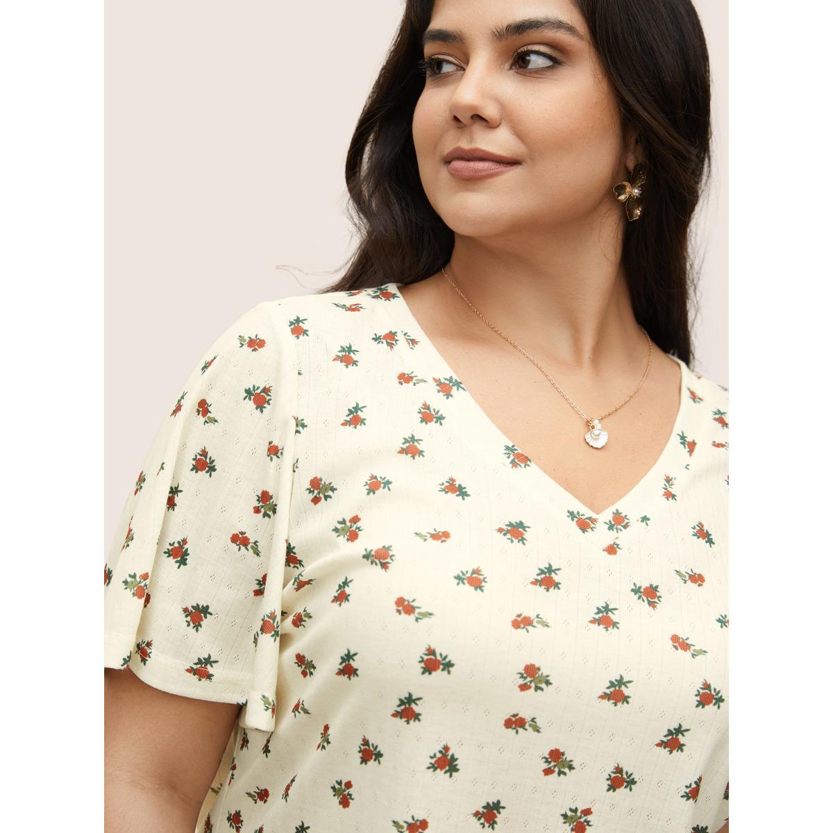 Plus Size Natural Flowers V Neck Flutter Sleeve T-shirt Beige Women Elegant Contrast Natural Flowers V-neck Everyday T-shirts BloomChic 26/4X Product Image