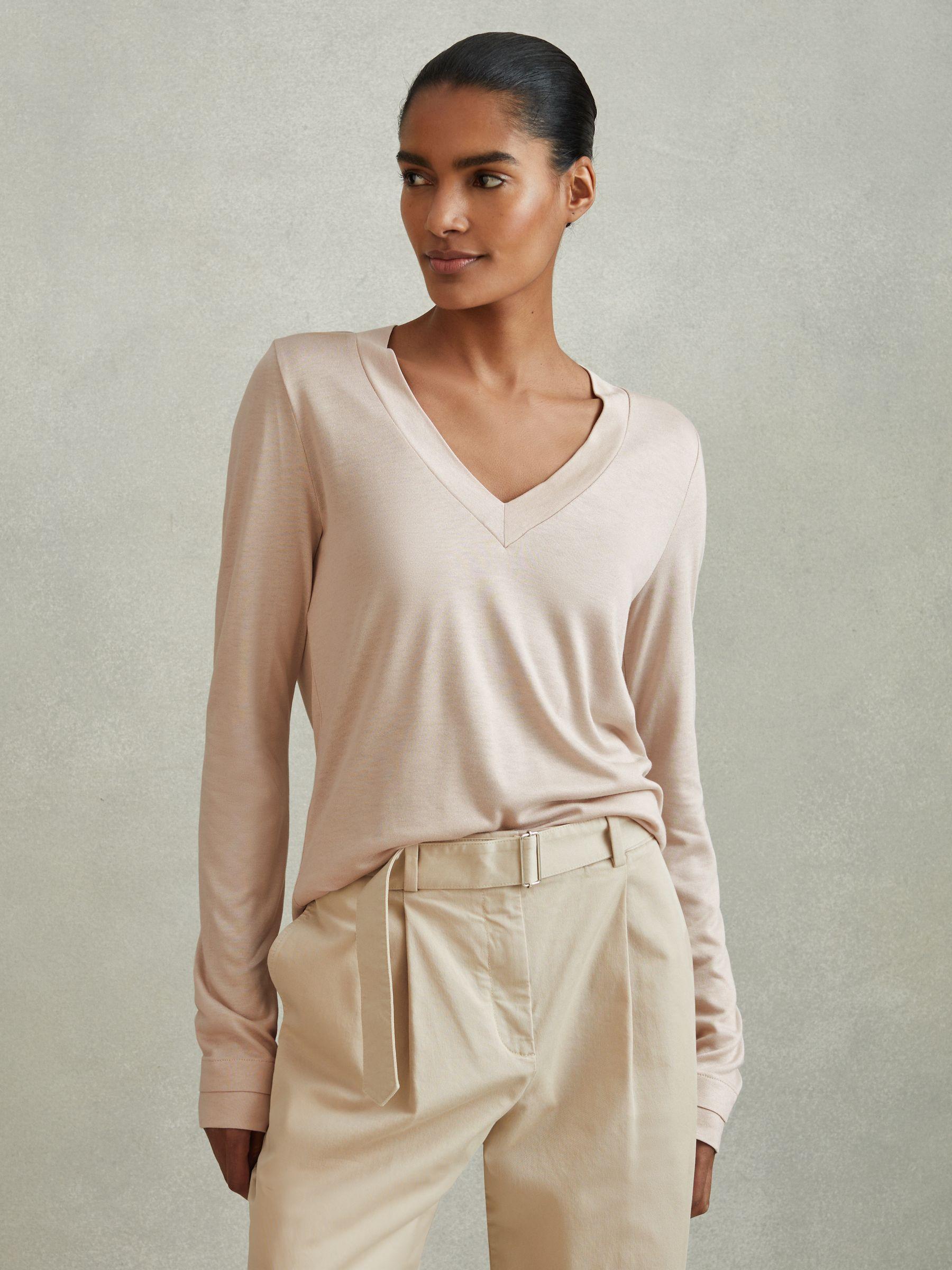 Jersey V-Neck Top in Stone Product Image