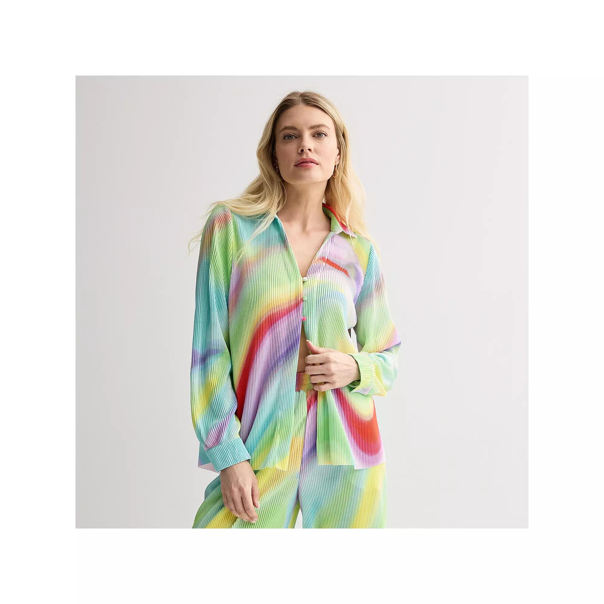 Women's INTEMPO™ Plisse Print Button Front Shirt, Size: Medium, Tie Dye Product Image