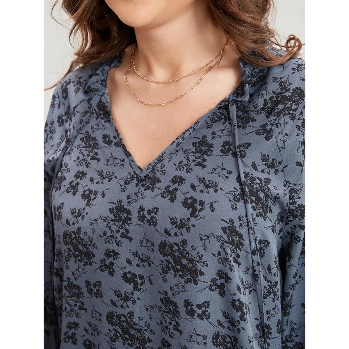 Plus Size Stone Floral Print Lantern Sleeve Tie V Neck Blouse Women Elegant Elbow-length sleeve V-neck Dailywear Blouses BloomChic 28/5X Product Image