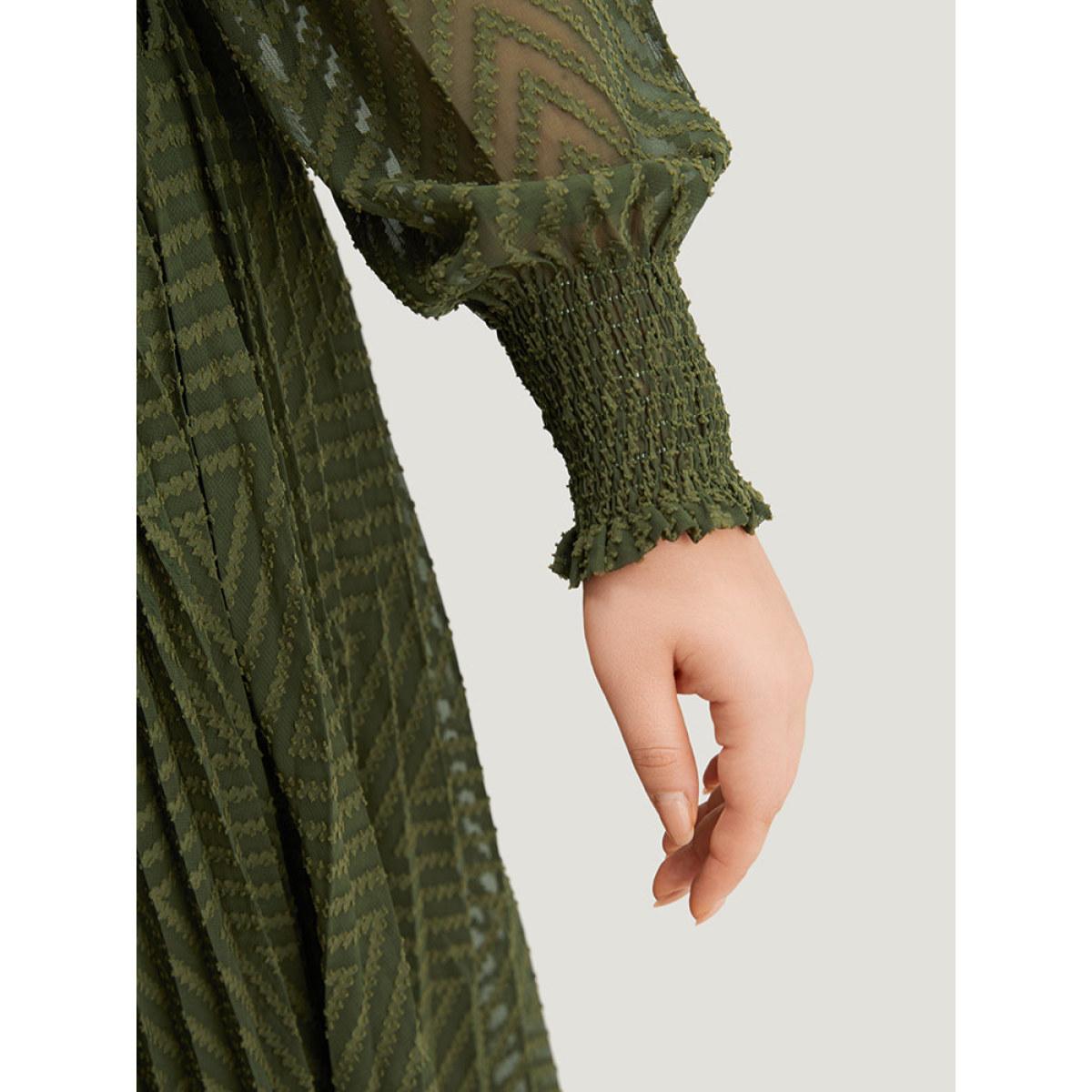 Plus Size Shirred Belted Pocket Shirt Collar Button Through Dress ArmyGreen Women Office Elastic cuffs Shirt collar Long Sleeve Curvy Midi Dress BloomChic 18-20/2X Product Image