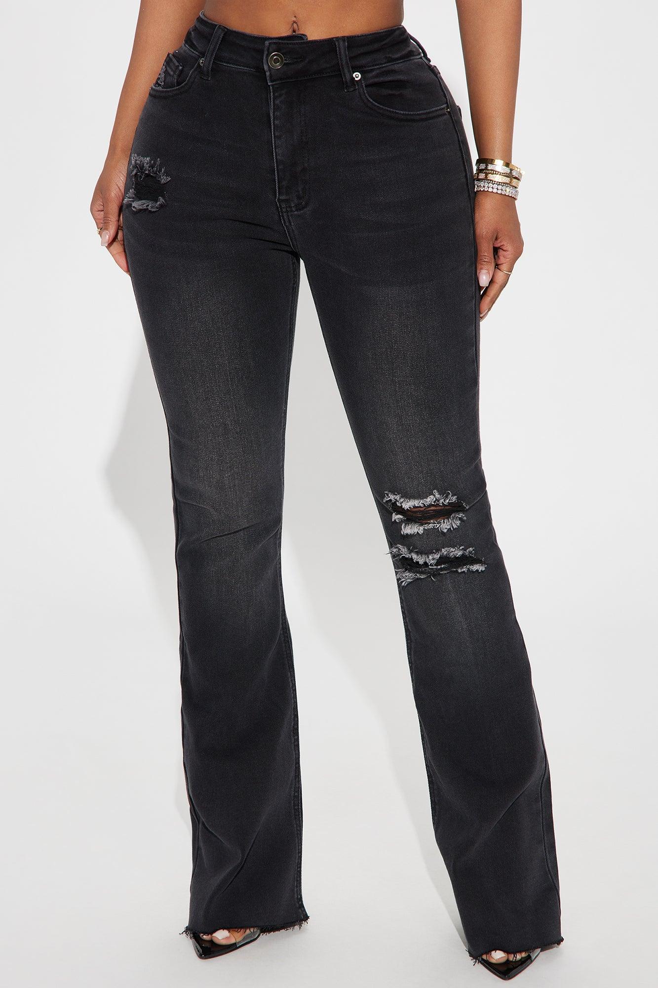 Certifiable Stretch Ripped Flare Jeans - Black Wash Product Image