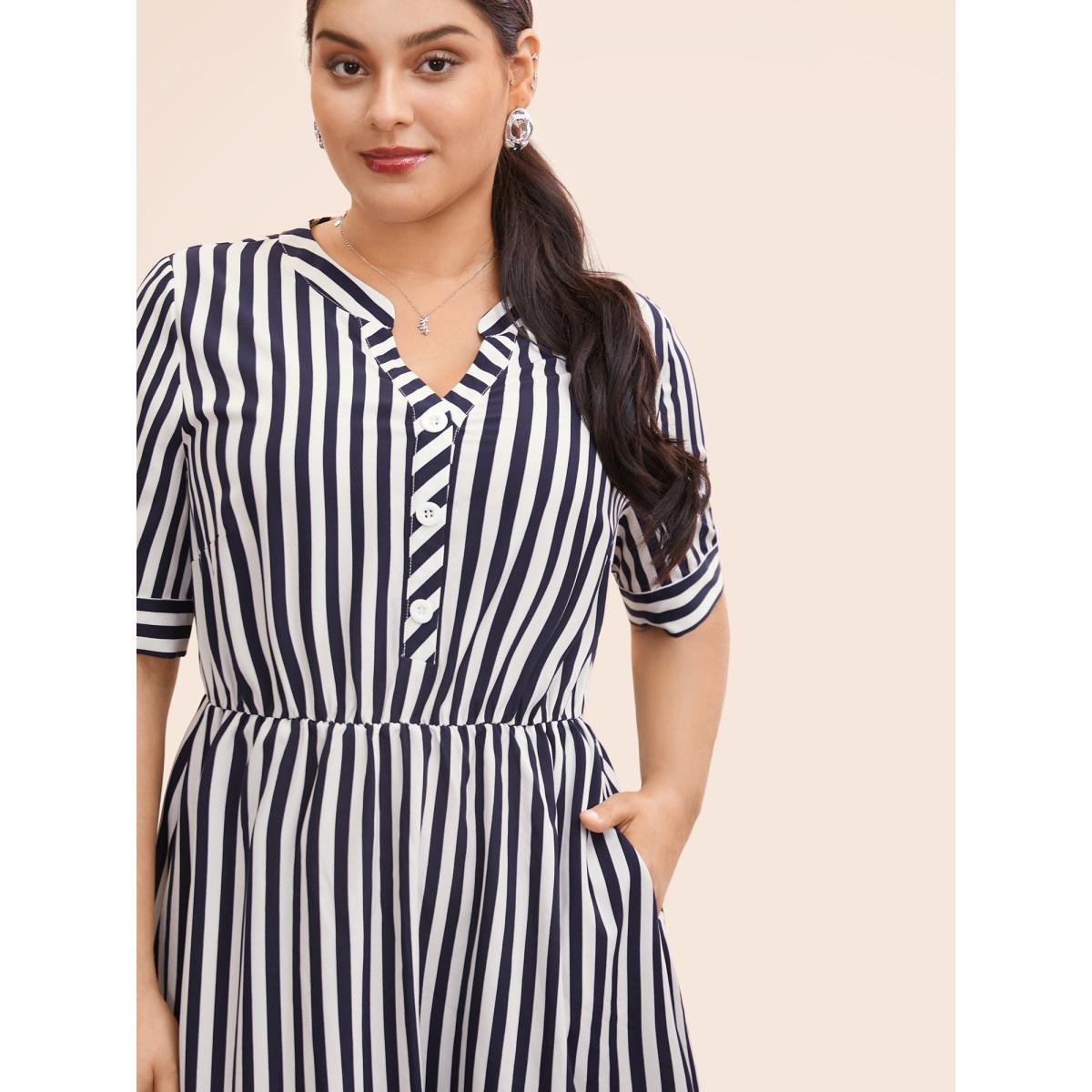Plus Size Striped Notched Button Detail Midi Dress Navy Women At the Office Button Flat collar with V-notch Half Sleeve Curvy BloomChic 22-24/3X Product Image