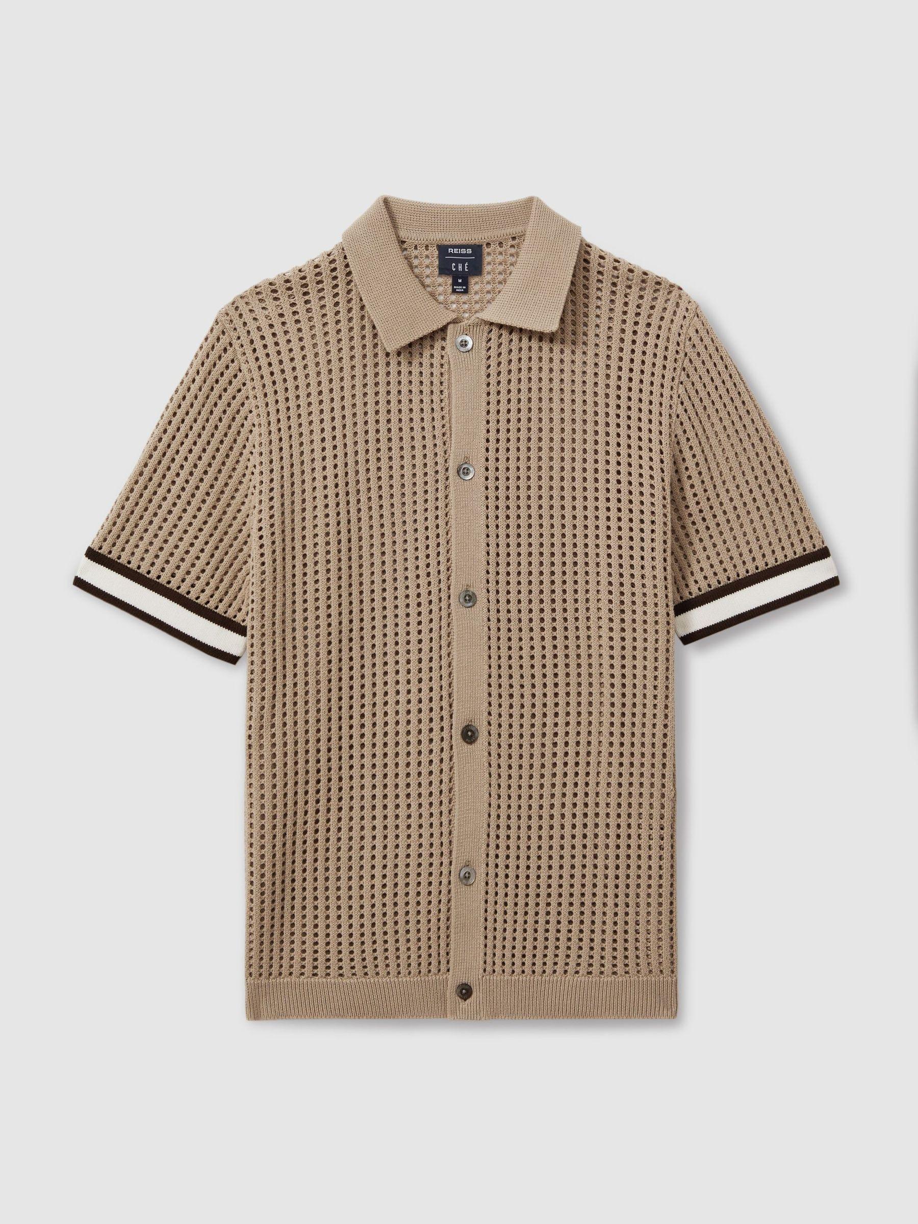 Reiss | Ché Open-Stitch Cuban Collar Shirt in Camel Product Image
