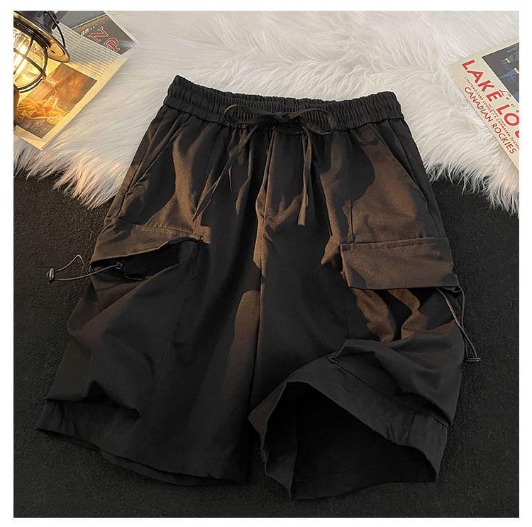 Mid Rise Plain Drawstring Cargo Shorts Product Image