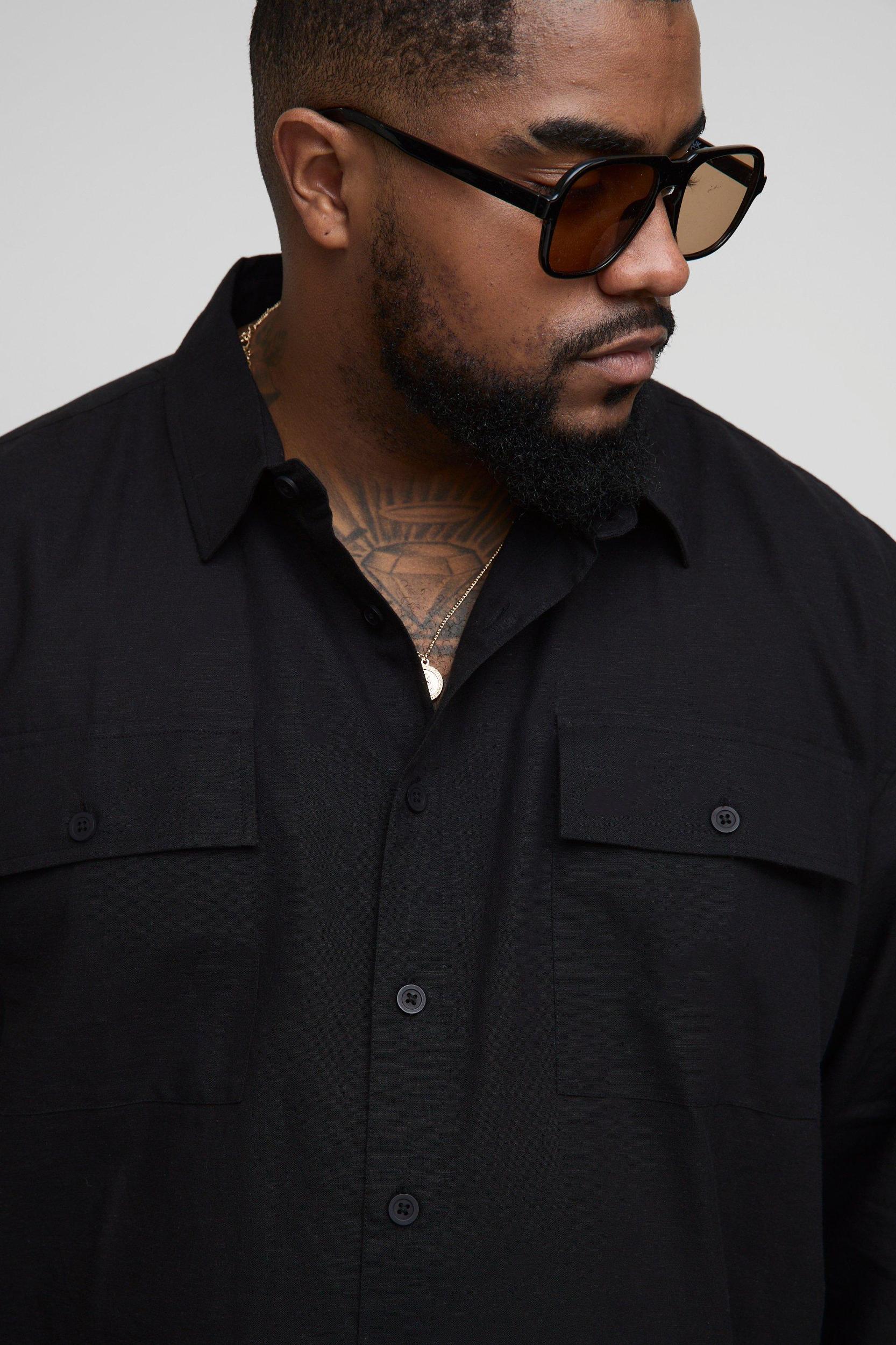 Plus Long Sleeve Linen Look Cargo Pocket Oversized Shirt Jacket | boohooMAN USA Product Image