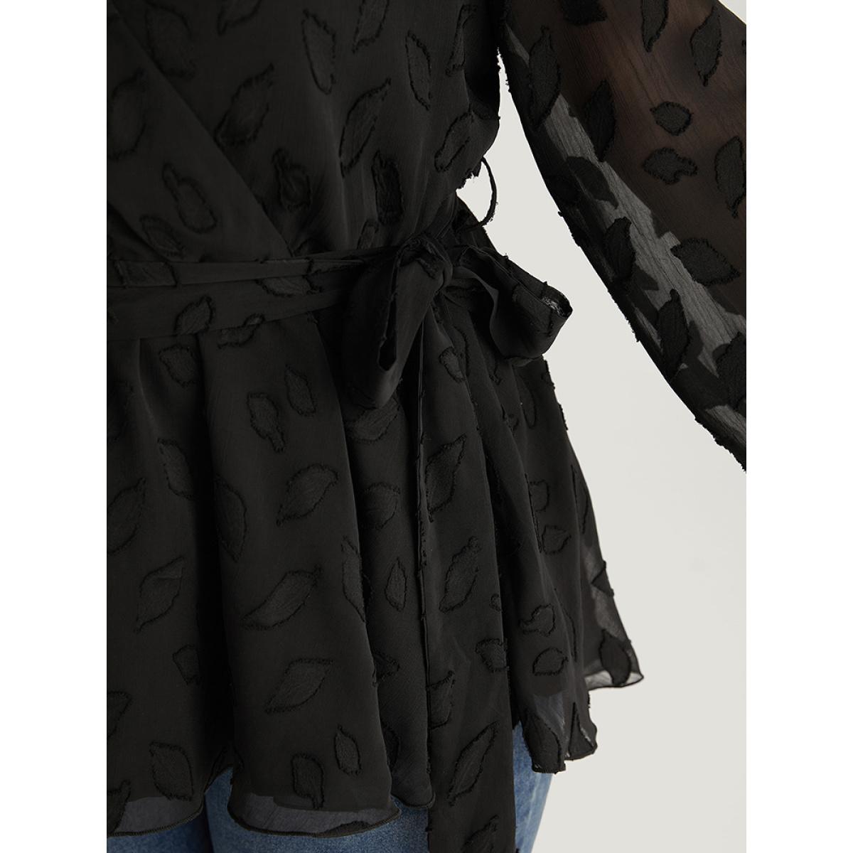 Plus Size Black Crochet Mesh Belted Gathered Wrap Lantern Sleeve Blouse Women Elegant Long Sleeve V-neck Dailywear Blouses BloomChic 22-24/3X Product Image