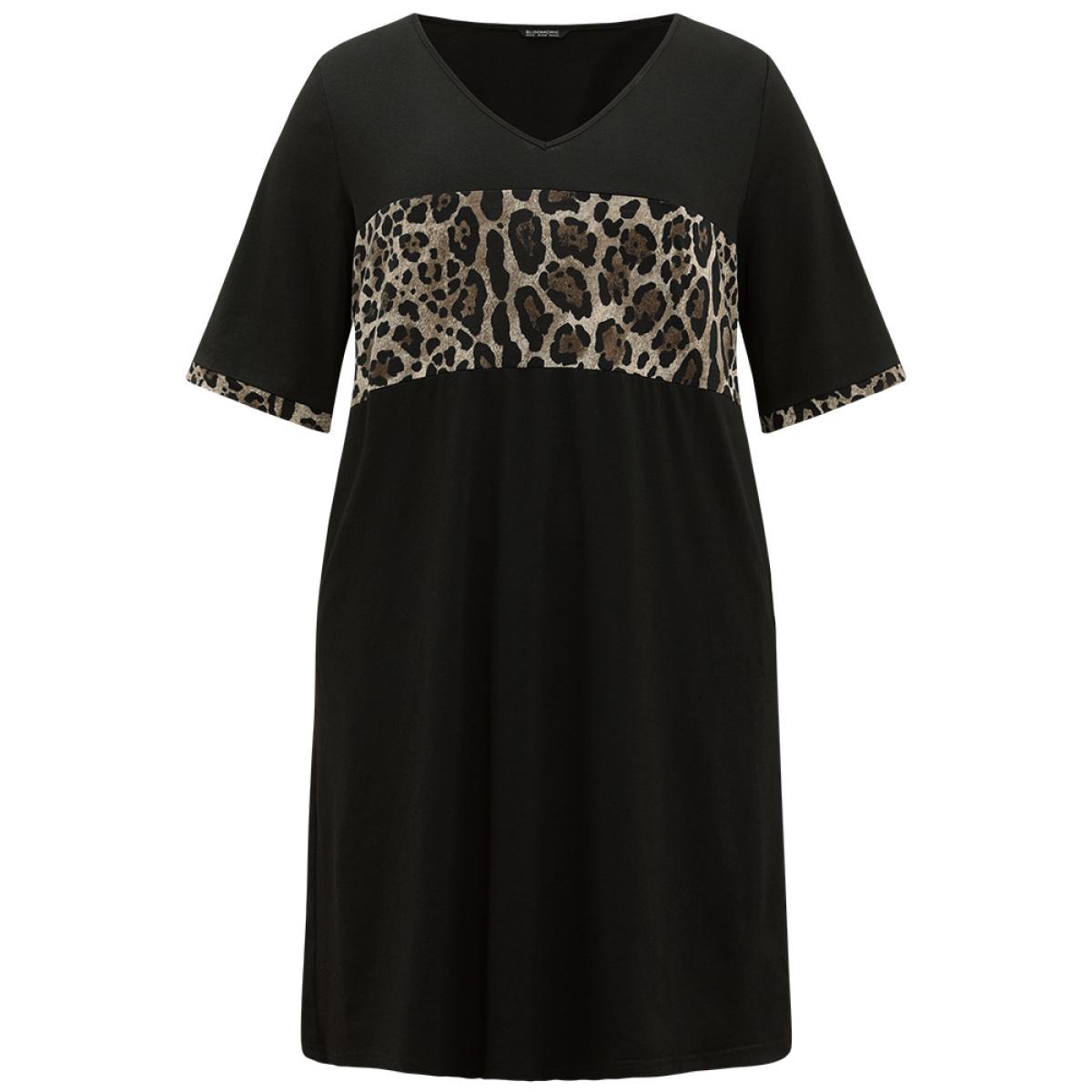 Plus Size Supersoft Essentials Leopard Print Patchwork Pocket V Neck Dress Black Women Casual Plain V-neck Short sleeve Curvy Midi Dress BloomChic 14-16/1X Product Image