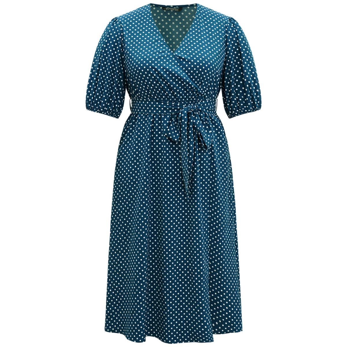 Plus Size Polka Dot Belted Lantern Sleeve Surplice Neck Dress Aegean Women Office Elastic cuffs V-neck Short sleeve Curvy Midi Dress BloomChic 14-16/1X Product Image