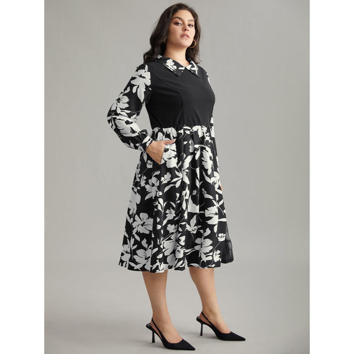 Plus Size Silhouette Floral Print Patchwork Ruffle Hem Dress Black Women Office Printed Lapel Collar Long Sleeve Curvy Midi Dress BloomChic 18-20/2X Product Image