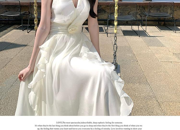 Halter-Neck Plain Ruffled Floral Midi A-Line Dress Product Image