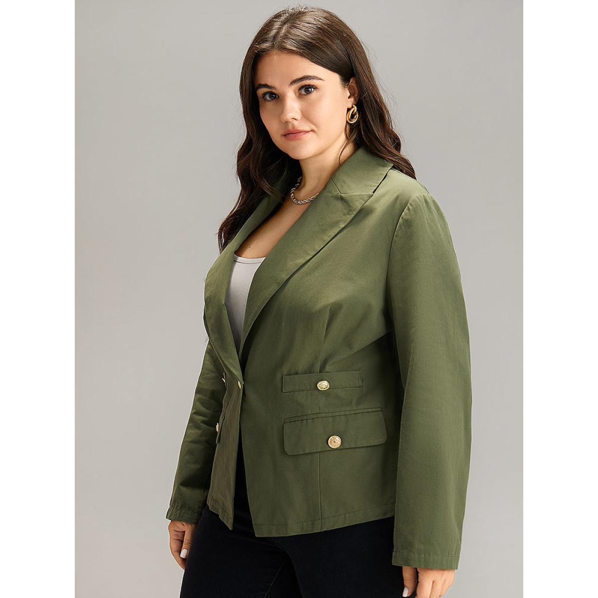 Plus Size Plain Suit Collar Buckle Detail Blazer ArmyGreen Women Office Plain Plain Sleeve Long Sleeve Suit Collar 10/M Office Blazers BloomChic Product Image