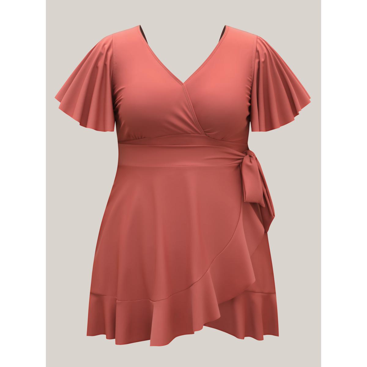 Plus Size Side Tie Ruffled Tiered Swim Dress Women's Swimwear Rust Beach Bodycon Overlap Collar High stretch Curve Swim Dresses BloomChic 10/M Product Image