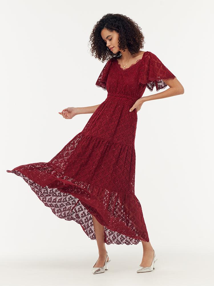 Lace Openwork Gathered Waist Women Tiered Maxi Dress With Scrunchie Product Image