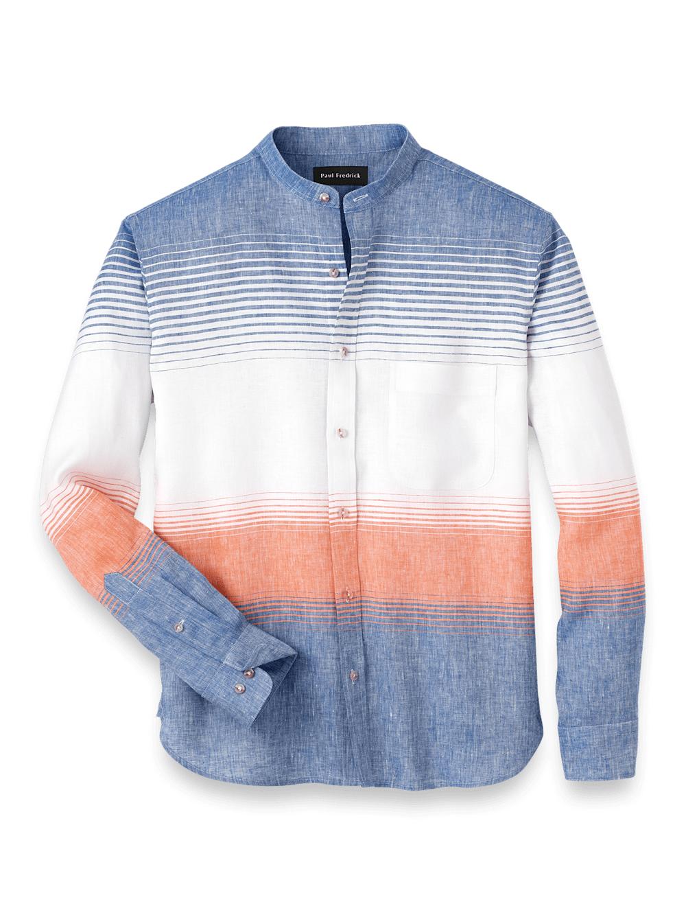 Linen Blend Horizontal Stripe Casual Shirt - Orange/blue Product Image