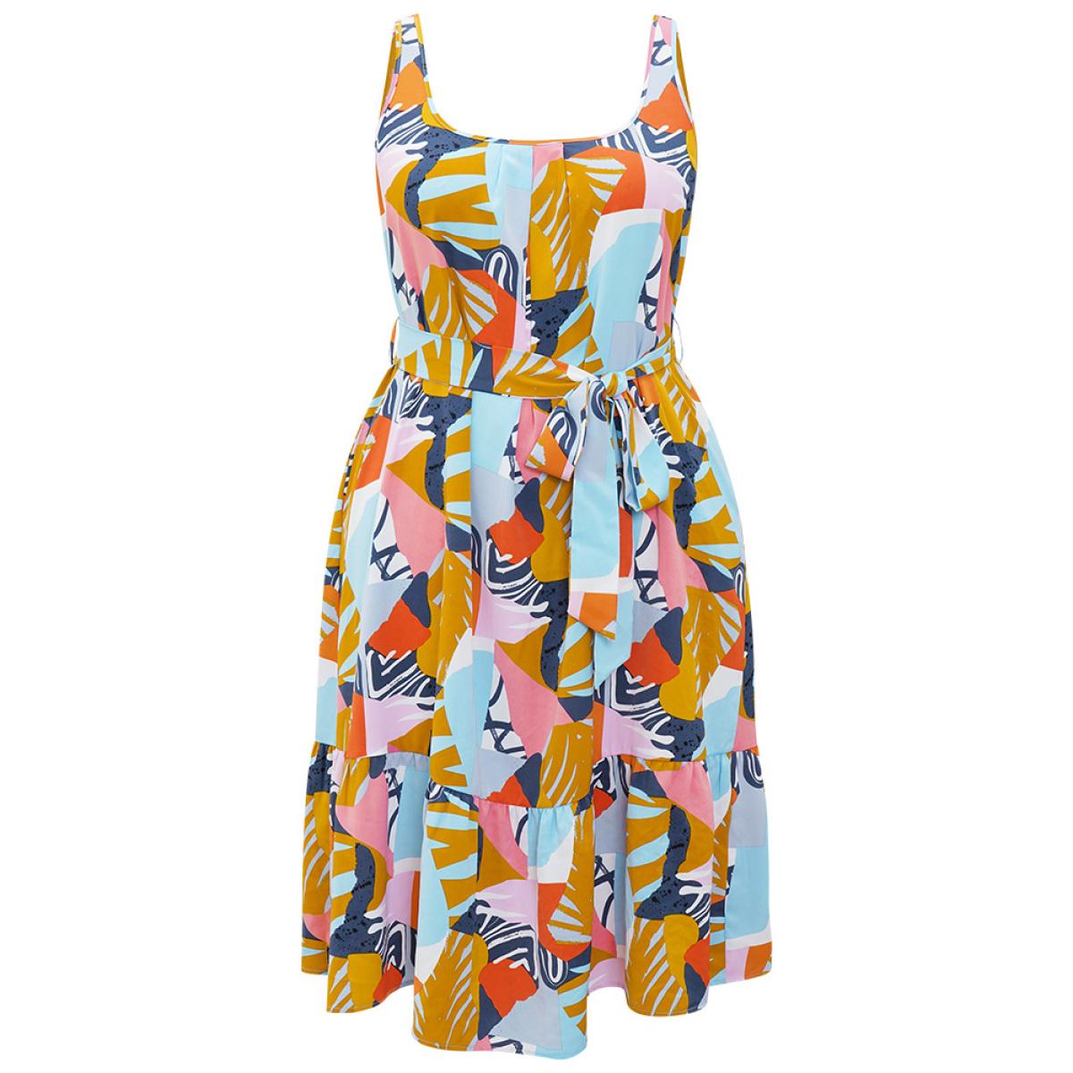Plus Size Graphic Print Ruffles Hem Pocket Belt Pleated Tank Dress Multicolor Women Vacation Belted Square Neck Sleeveless Curvy Midi Dress BloomChic 28/5X Product Image