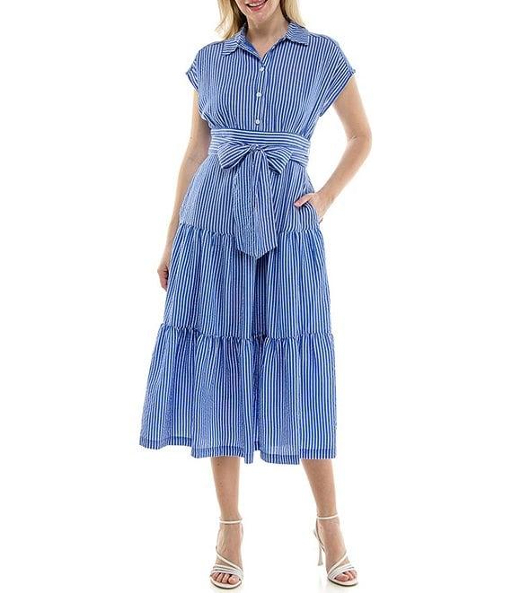 Moda Tara Cap Sleeve Button Front Seersucker Midi Dress Product Image