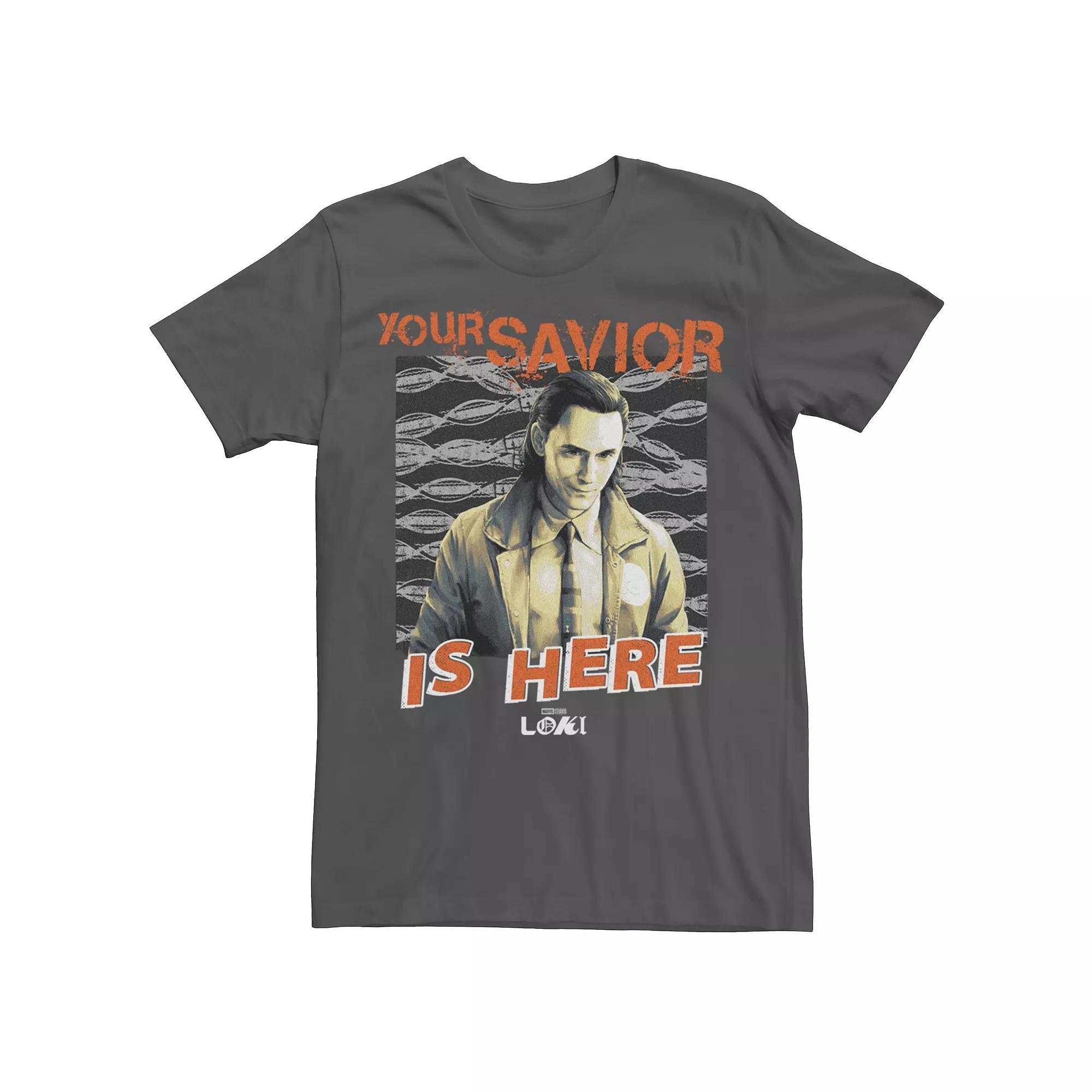 Men's Loki Your Savior Is Here Collage Poster Tee, Size: Medium, Grey Product Image