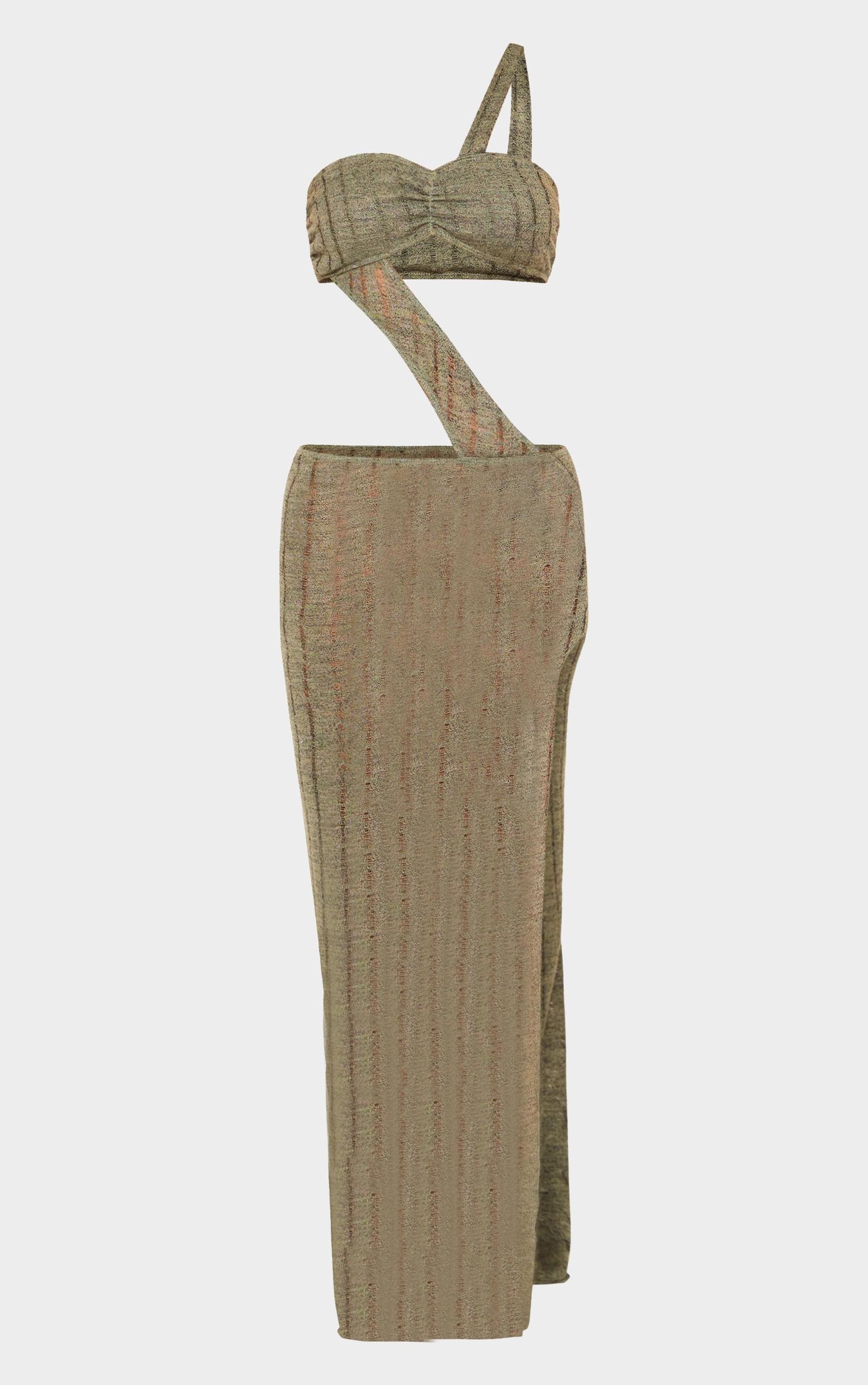 Khaki Gold Trim Bandeau Cut Out Maxi Beach Dress Product Image