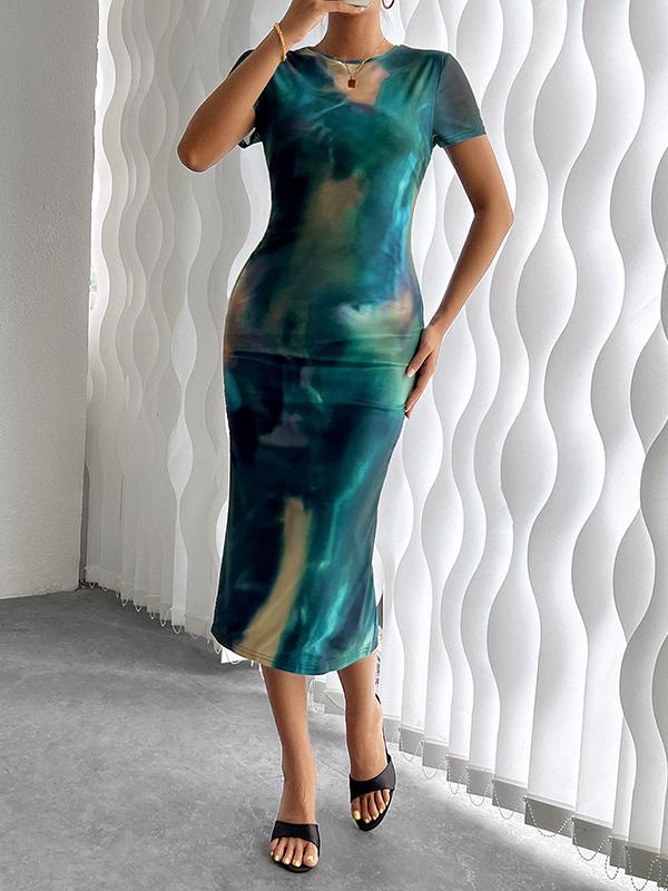 Bodycon High Waisted Contrast Color Round-neck Midi Dresses Product Image