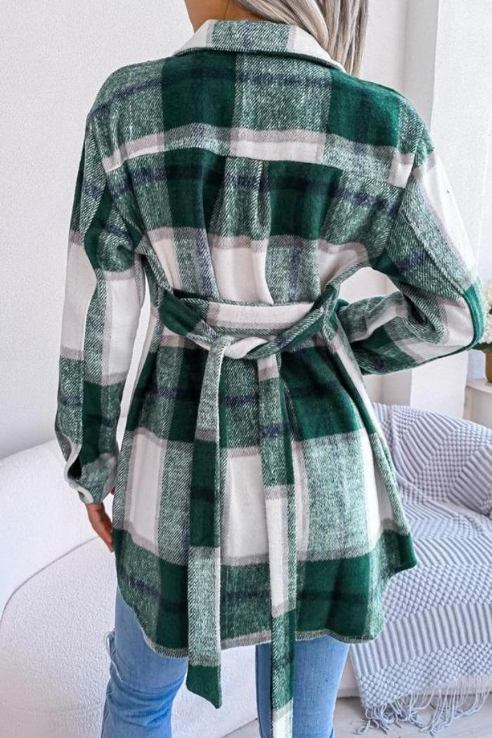 Women Belted Plaid Pattern Button Down Product Image