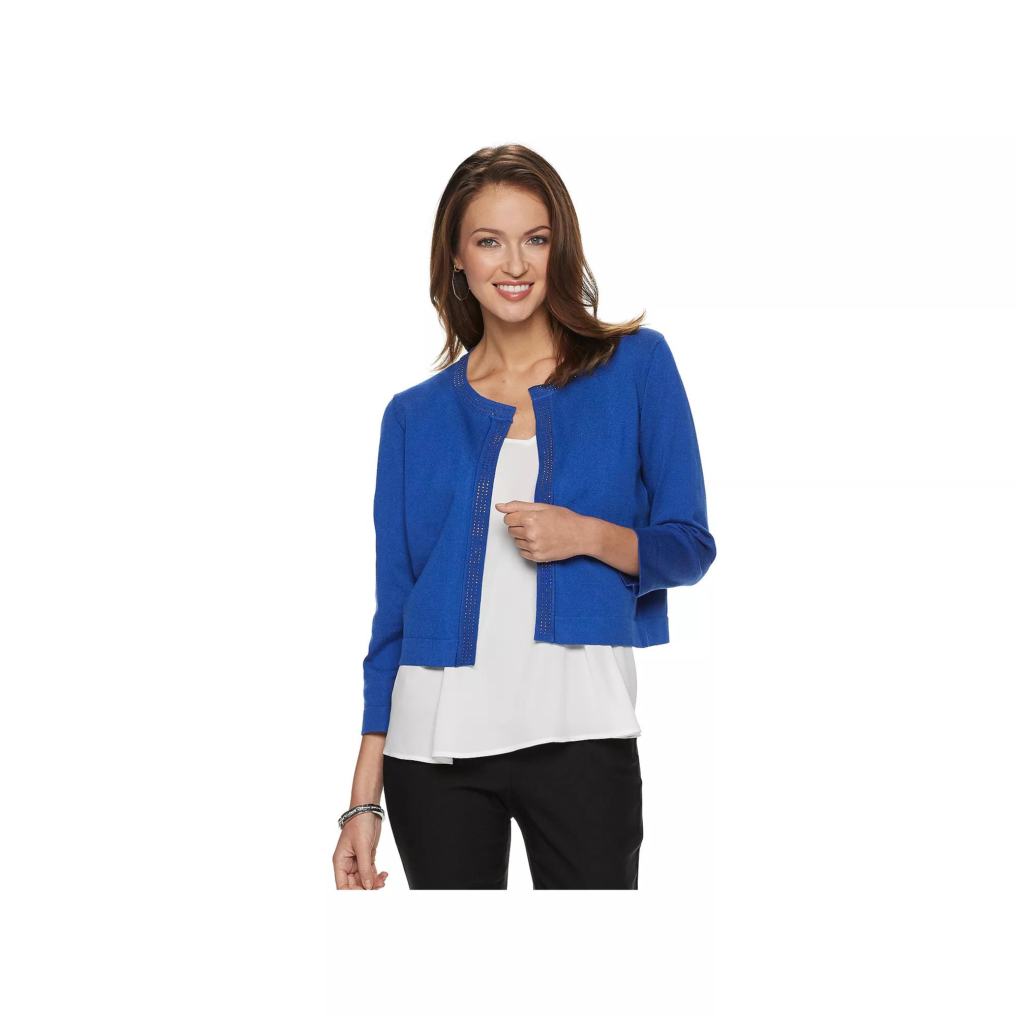 Womens Nina Leonard Embellished Crop Cardigan Blue Product Image